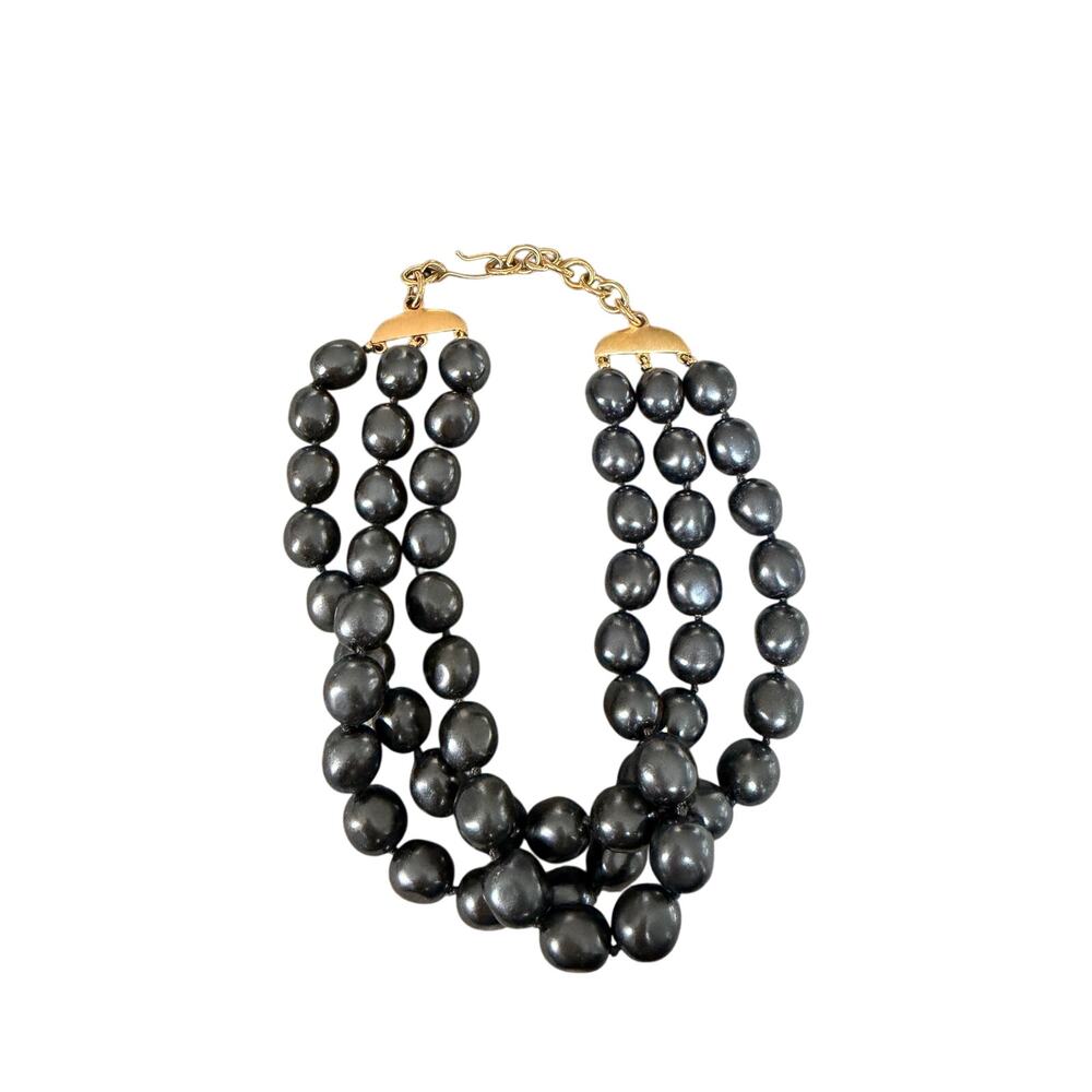 Vintage Monet 3 Strand Gunmetal Faux Pearl Choker Necklace Gold Tone Hook